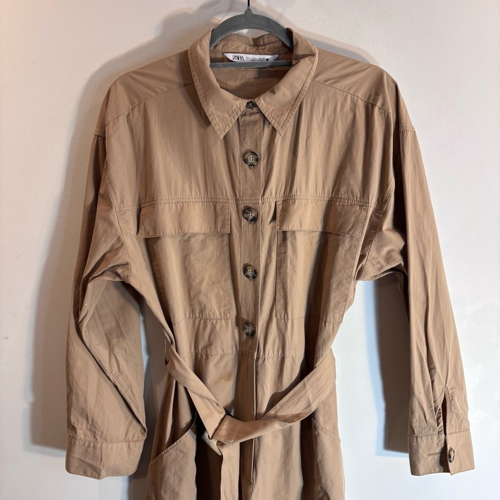 ZARA Sz L Boiler Suit Tan Belted Jumpsuit long Sleeve Patch Pockets Loose Leg - Picture 3 of 10